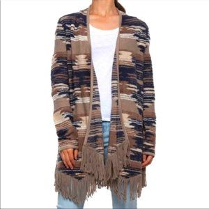 Lucky Brand Aztec Fringed Open Drape Sweater Cardigan Brown & Blue Size 1X